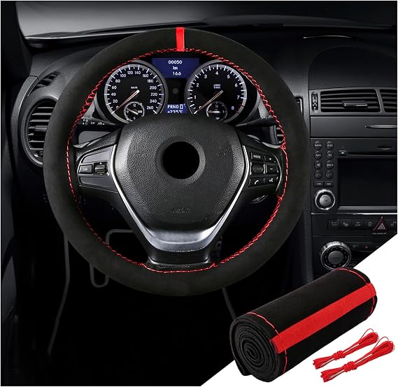 Dickno Car Steering Wheel Cover, Anti-Slip Auto Stitch on Wrap Steering Wheel Protector for Max Diameter 15 Inch, DIY Sewing with Needle Thread, Universal Vehicle Interior Decor (Black & Red+Red)