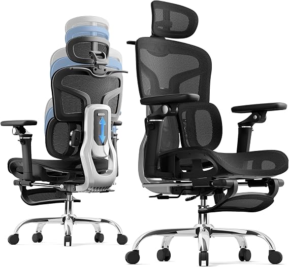 marrap Ergonomic Office Chair with Dual-Zone Adaptive Lumbar Support, Adjustable Seat Depth, 5-Position Backrest, 6D Armrests, 90145 Reclining Mesh Chair with Footrest for Home Office