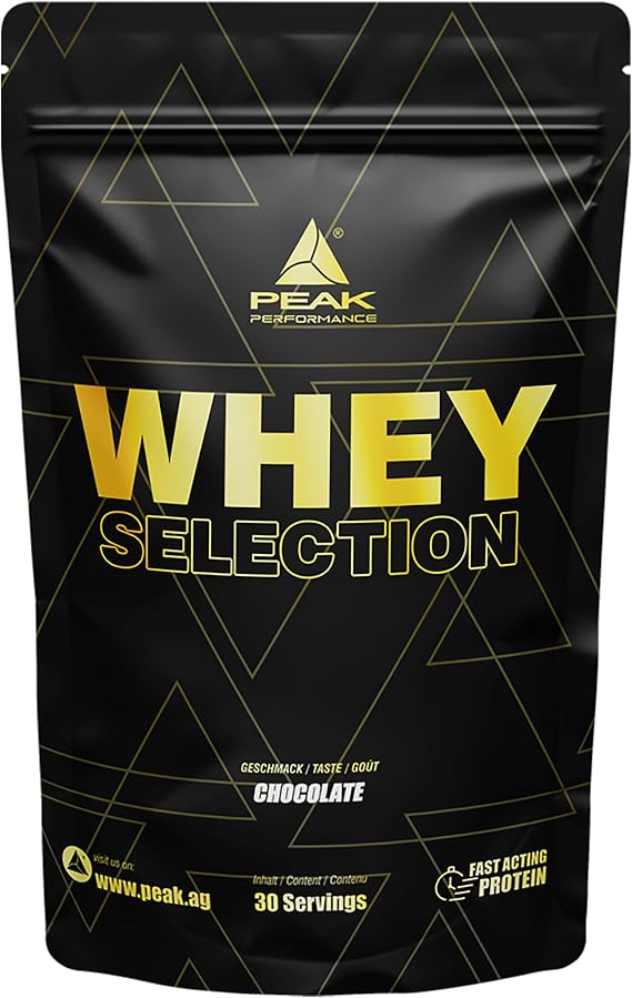 PEAK Whey Selection - 900g Flavour Chocolate I 30 Servings I for Muscle Growth I Protein Source: Whey Concentrate, Isolate, Hydrolysate + Free L-Leucine I with Lactase