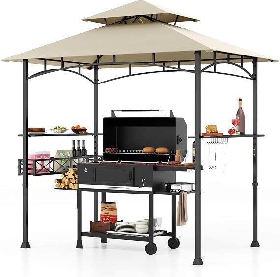 HAPPYGRILL 8 x 5 FT BBQ Grill Gazebo with 2 Side Shelves & Storage Basket