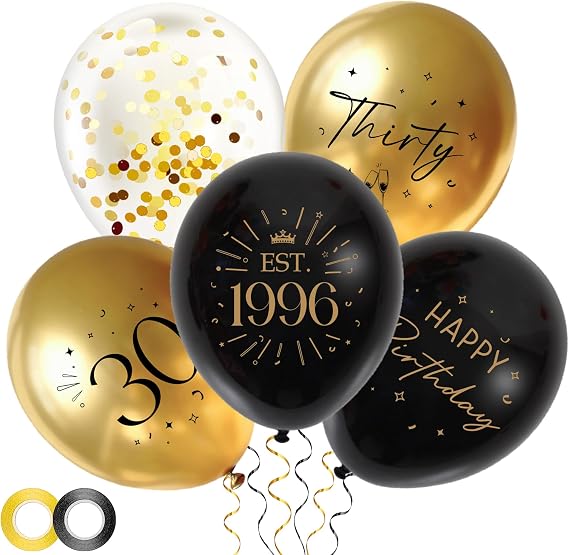 Black Gold 30th Birthday Balloons - 30pcs Birthday Decorations for Men and Women with Ribbon, Thirty Latex Balloons for 30 Year Old Party Celebration