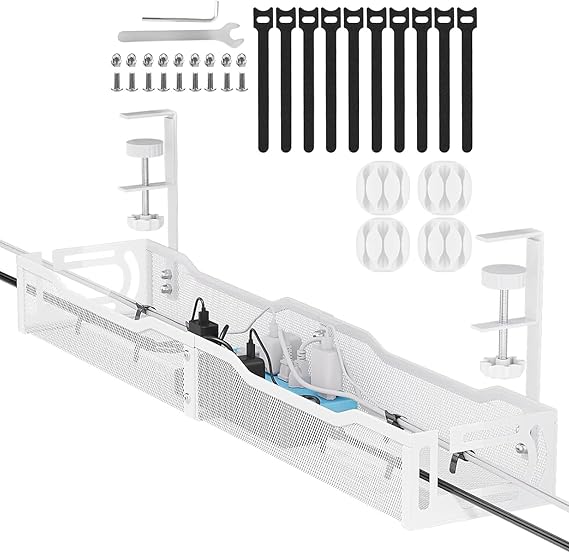 Under Desk Cable Management Tray, No Drill Cable Tidy with Brackets and Clips, Cable Management Kit for Home Office and Gaming Desk Accessories, White