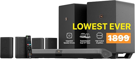 Shockwafe 9.2.4 Dolby Atmos/DTSX Surround Soundbar Sys-Dual 10" Subs*1300W | Plug-and-Play Home Cinema, 45" Soundbar, Dual 10" Wireless Subwoofers, 4 Rear Surround Speakers (Wired)