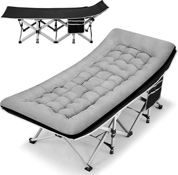 Camping Cot, Folding Cot with Mattress & Carry Bag, 28" Extra Wide Sleeping Cot for Adults, Heavy Duty Camping Cots Max Load 600 Lbs, Cots for Camp, Office, Beach, Travel(Grey+Black)