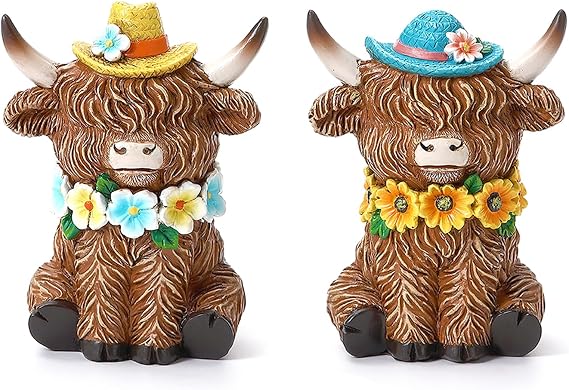 2 Pcs Highland Cow Figurines, Resin Highland Cow Decor with Hat & Flower | Summer Highland Cow Figurine Home Decor for Garden Kitchen Office Table Tiered Tray, Highland Cow Statue Farmhouse Decor