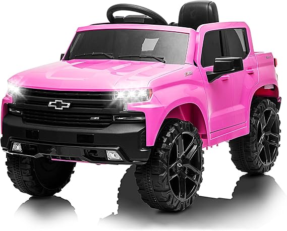 12V Ride on Car, Battery Powered Licensed Chevrolet Silverado GMC Kids Ride On Truck, Toddler Electric Vehicles Toys w/ Remote Control, MP3/Bluetooth, Spring Suspension, LED Light (Pink)