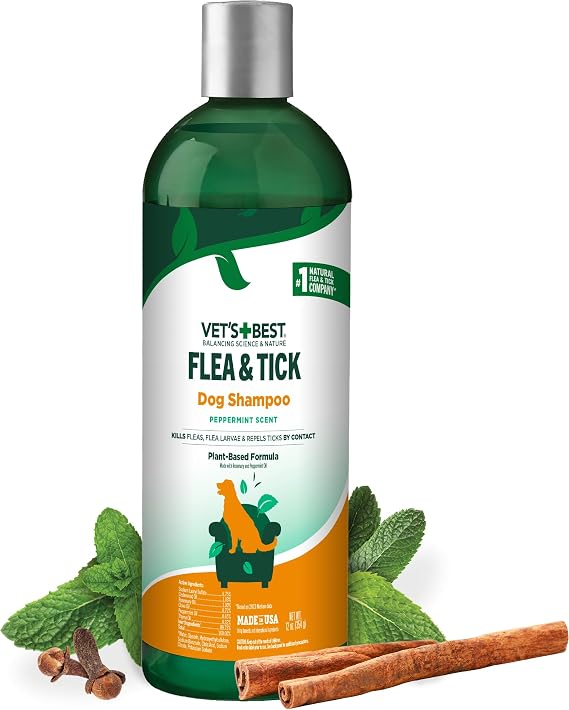 Vets Best Flea and Tick Shampoo for Dogs Advanced Strength Plant-Based Formula for Flea Treatment and Prevention, Natural Flea Bath and Tick Control, Vet Recommended, Made in USA, 12 oz