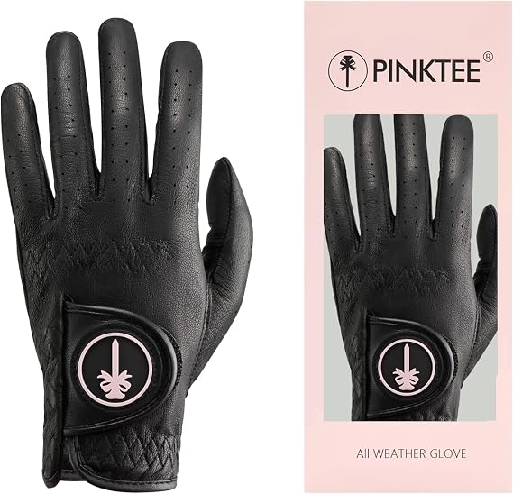 PINKTEE Women's Golf Glove Premium Cabretta Leather Ladies Left Hand All Weather Grip Elastic Wristband