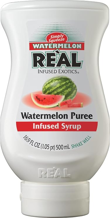 Real Infused Exotics Watermelon Puree Syrup, 16.9 fl oz Bottle | Fresh Watermelon Flavor, Ideal for Cocktails, Mocktails, Sauces, Desserts, Squeeze Bottle, Drip-Free Spout, Easy Dispensing