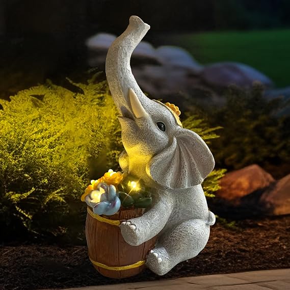 Elephant Garden Decor, Solar Statue with Succulent Planter 10H Auto Lighting, Waterproof Decors for Outdoor Patio Lawn Gifts for Valentine's Day Mother's Day Housewarming Christmas