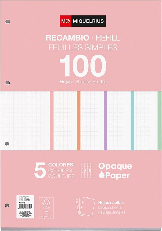 Miquelrius - Refill pad, 100 Squared Sheets 5 x 5 mm, Opaque Paper 90 g/m2, Refill A4 Perforated Sheets for Ring Binders or Binders, School Supplies, 5 Colours of Sheets