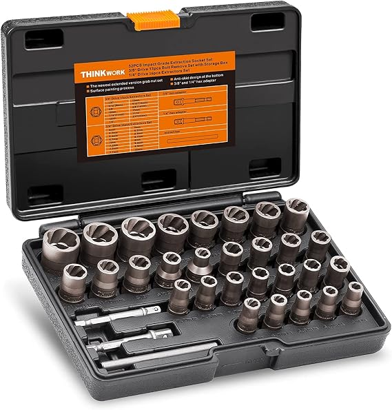 32PCS Bolt Extractor Set, 1/4" & 3/8" Drive Impact Bolt & Nut Remover Kit