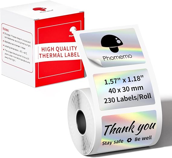 Phomemo Thermal Labels,Holographic Stickers,1.57'' x 1.18'' Self-Adhesuve Multi-Purpose Label for DIY Barcode,Address,Gift Tags,Compatible with M220 M110 M108 M250 M260 M120 M221 M200 M150,230Pcs