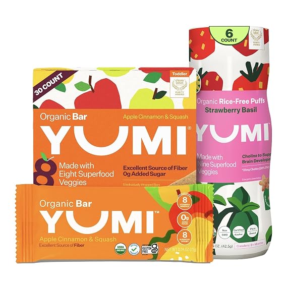 Yumi Organic Toddler Snacks Bars - Gluten-Free, No Added Sugar, 7+ Vegetables, Apple Cinnamon & Squash (30ct.) & YUMI Rice-Free Baby Puffs - No Sugar Added, Gluten-Free, Non-GMO, Strawberry Basil (6ct