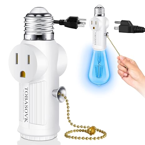 Light Socket Outlet Adapter, Convert E26/27 Bulb Socket to Power Outlet | Both Sides Support 3/2 Prong, Pull Chain for Light Control, Heat-Resistant Materials, Quick Installation, No Tools Required