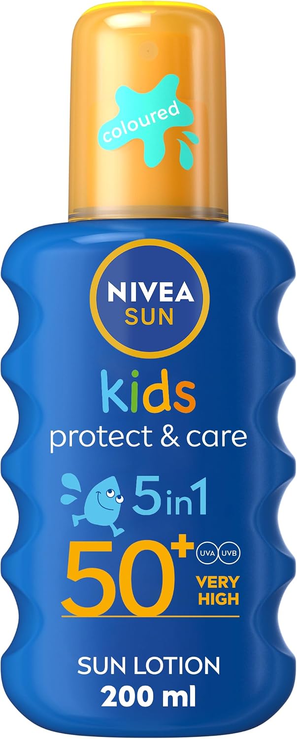 NIVEA SUN Kids Protect & Care SPF 50 Coloured Spray 200ml, Sunscreen Protects Delicate Skin Against Sunburn and Long-Term UV Damage, Fast-Absorbing No White Cast Sun Lotion