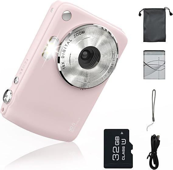 Digital Camera for 50MP FHD 1080P, Digital Point and Shoot Camera with 16X Zoom Anti Shake, Indoor&Outdoor Travel Compact Small Cameras Gift for Boys Girls Kids Camera with 32GB Card, Pink