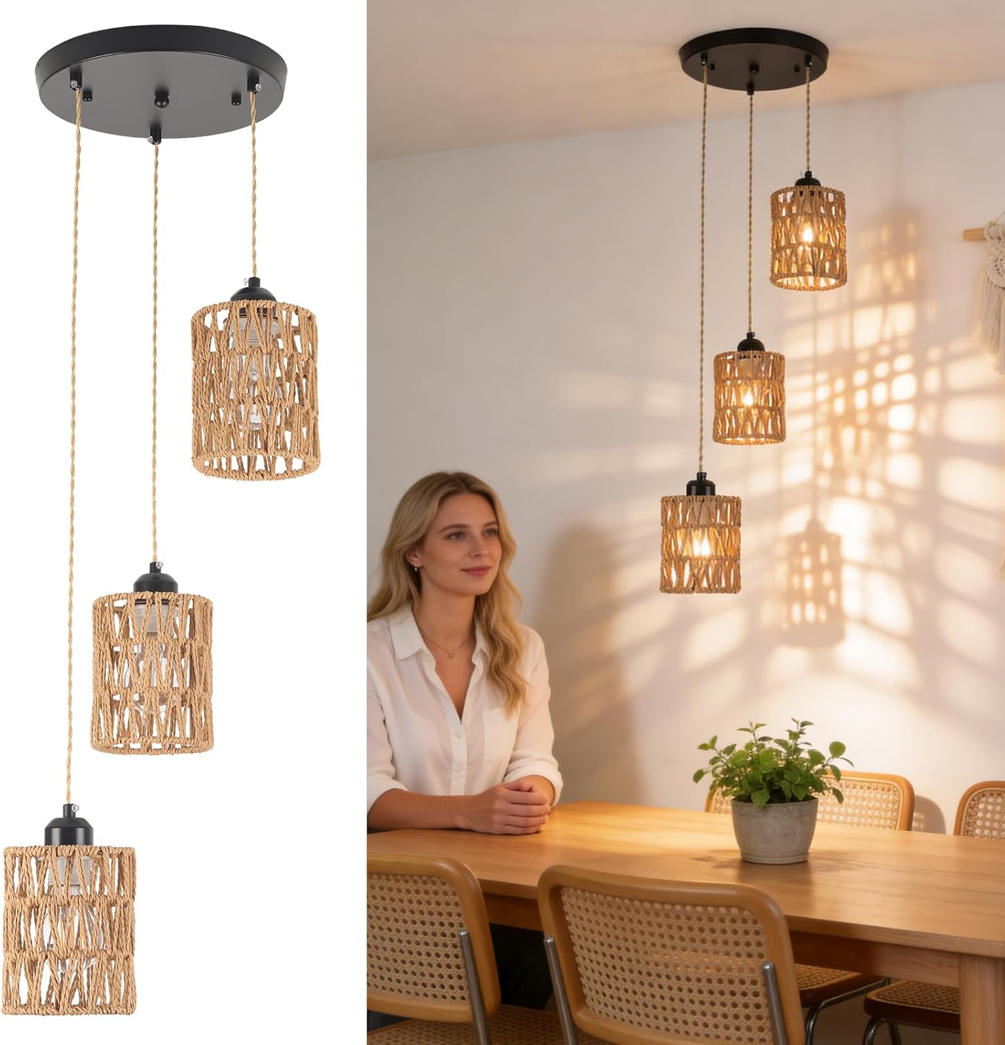 Finktonglan 3 Light Rattan Pendant Light, Boho Farmhouse Cluster Ceiling Light, Each Cord Adjustable up to 1.4m, E27/ES Woven Rope Shades for Kitchen Island Dining Table, Sloped Ceiling Compatible [Energy Class A]