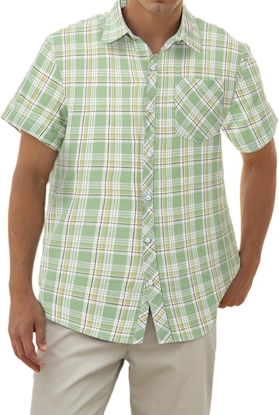SANGTREE Boys and Mens Short Sleeve Cotton Shirts Casual Summer Button Down Plaid Shirt
