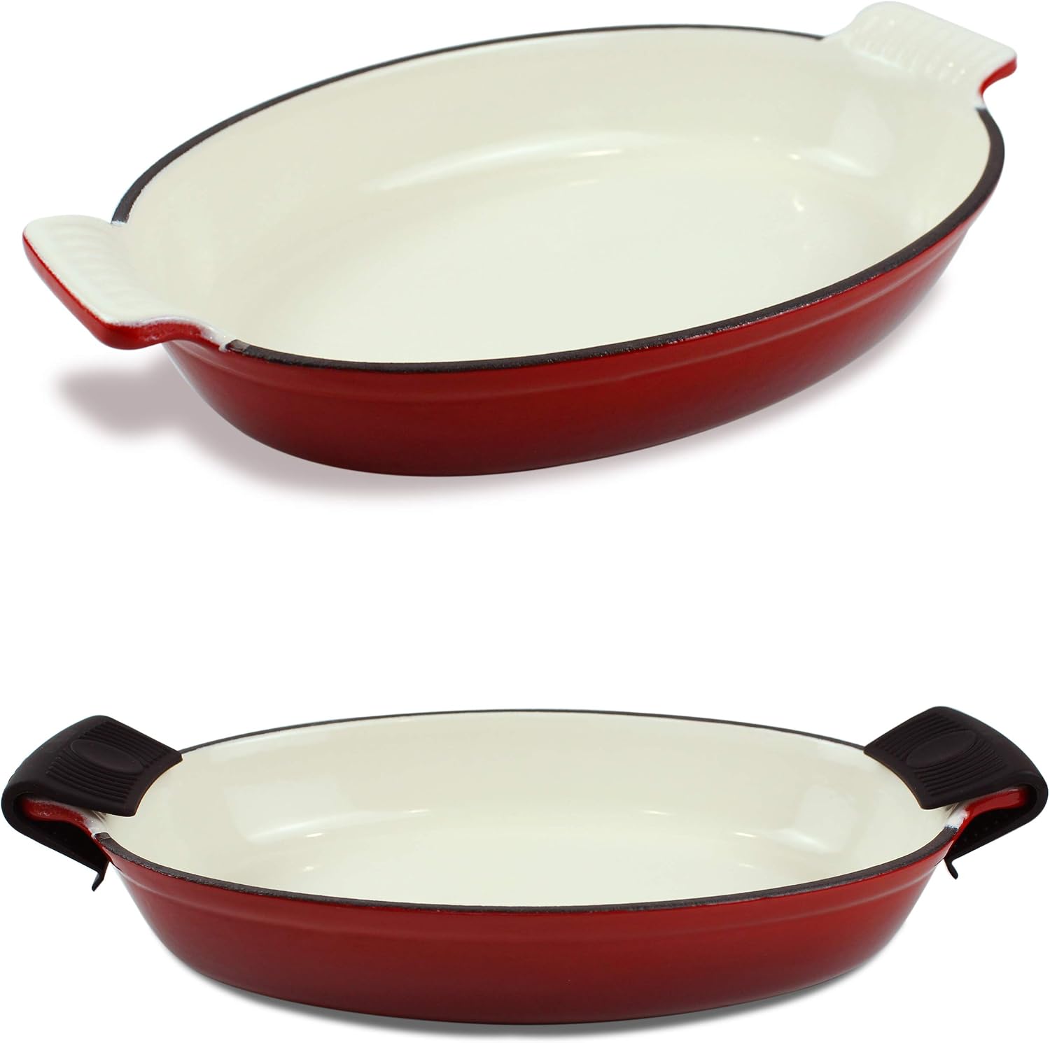1.58 Qt Enameled Cast Iron Oval Roaster, Casserole Dish, Lasagna Pan, Deep Roasting Pan, for Cooking and Baking - Small 13.4 x 8.46 - Red