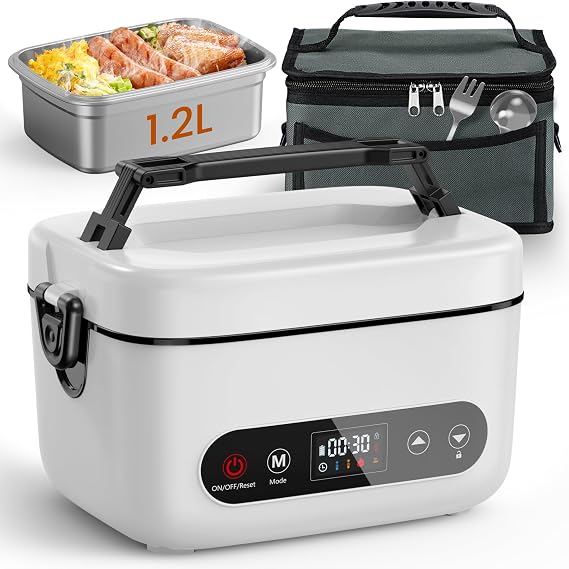 Cordless Electric Lunch Box, 1.2L Battery Powered Heated Lunch Box 100W, 24000mAh Rechargeable Portable Self-Heating Food Warmer with 5-Sided Automatic Heating for Outdoors, Truck, Office, BPA-Free