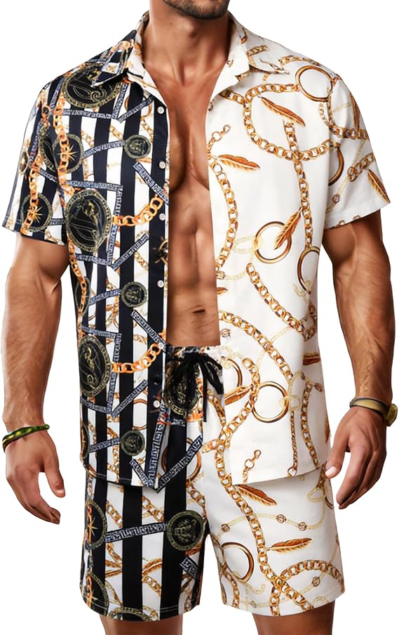JoZorro Men Hawaiian Shirt Sets Casual Button Down Shirts 2 Piece Luxury Summer Beach Outfits