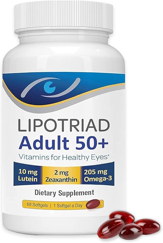 Lipotriad Adult 50+ Eye Vitamin and Mineral Supplement - ONE Per Day Eye Vitamin w/10mg Lutein, Zeaxanthin, Omega 3, Vitamin C, E, Zinc Copper - 2mo Supply, 60 Softgels | Daily Eye Vitamin with 10 mg Lutein, Zeaxanthin, Omega 3, Vitamin C, E, Zinc & Copper (60-Day Supply)