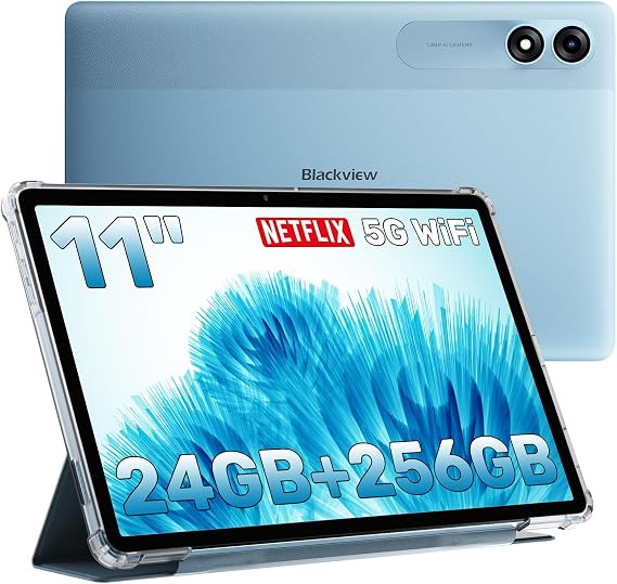 Blackview Android Tablet 11 inch, 24GB+256GB/2TB TF, 2K Incell Screen for Gaiming, Students, Netflix Watching, Streming, 5G WiFi, 8200mAh, 13MP+8MP Camaras/Face ID, Blue