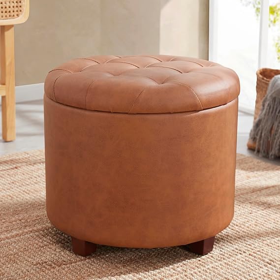 Ornavo Home 18" Round Storage Ottoman with Lid, Holds 300 lbs, Cognac | Faux Leather Tufted Fabric; Foot Rest Stool & Vanity Chair For Living Room, Bedroom Or Entryway