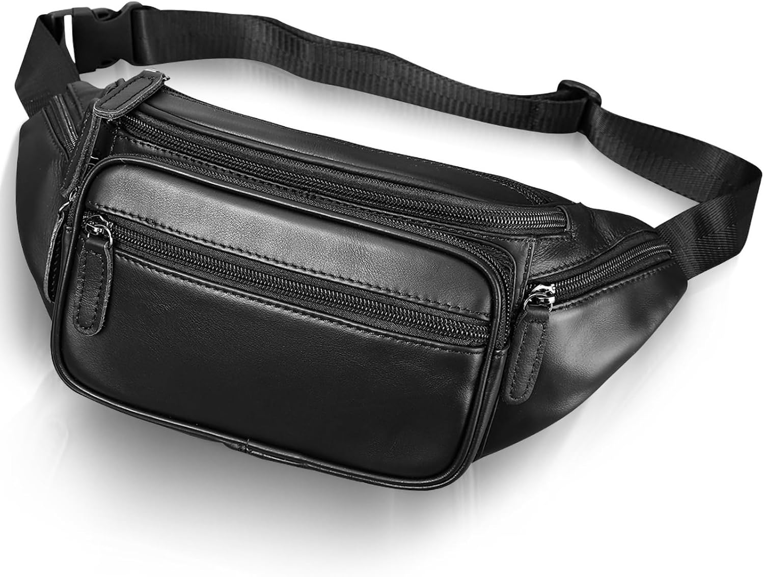 Genuine Leather Fanny Pack Men Women Multi-Pockets sling Waist Bag For Travel Sports Hiking Cycling Fishing Running, Black, L, Fashion