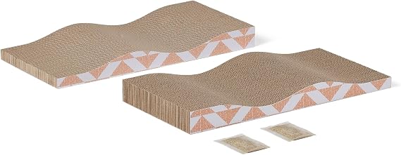 Amazon Basics Cat Scratching Post, Reversible Double-Sided Corrugated Cardboard with Catnip, Curved Wave Design, 16.5 x 8.1 x 1.6 in, 2-Pack