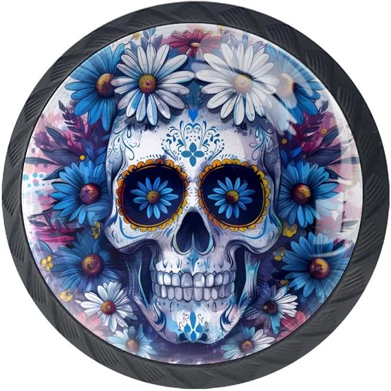 4 Pack Black Cabinet Knobs, Sugar Skull Daisies Kitchen Cabinet Knobs Black Drawer Pulls Dresser Knobs,Glass Knobs for Kitchen Cabinet Hardware Bathroom