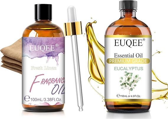 EUQEE 100ML Fresh Linen Fragrance Oil+EUQEE 118ML Eucalyptus Essential Oil 118ml Pure Oil with Glass Dropper for Aromatherapy, Diffuser, Soap & Candle Making
