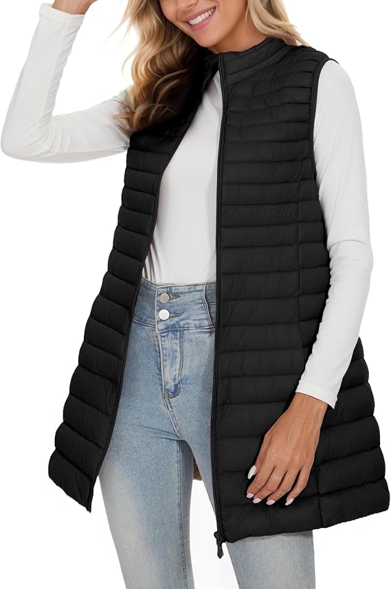 ELFJOY Long Puffer Vest Women Lightweight Down Vest Sleeveless