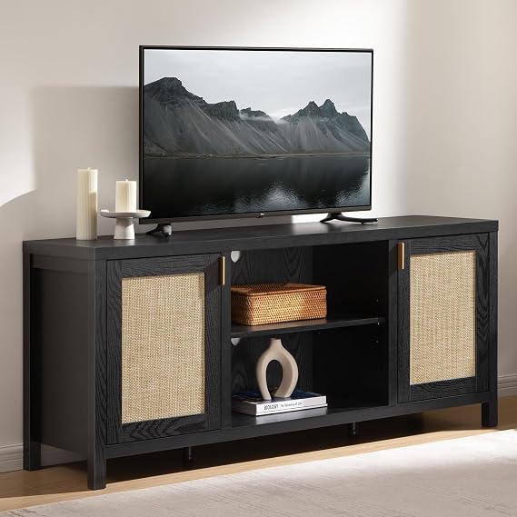 SICOTAS Black Rattan TV Stand for Living Room 59" TV Console