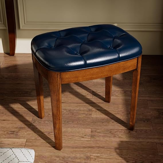 Vanity Bench Stool with Upholstered, Modern Luxury Wood Stool ,Ottoman Shoe Bench for Living Room, Vanity, Entryway, 19.3"L x 14.9"W x 19.3"H Easy Assembly, Beeswax Leg & Blue Seat FD-HNY-BL