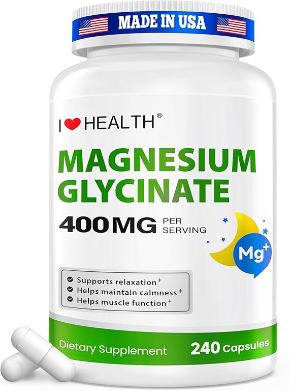 Magnesium Glycinate 400mg per Capsule 240 Capsules High Absorption Magnesium Supplement for Relaxation, Calmness & Muscle Support Gentle on Stomach - for Men and Women Made in USA