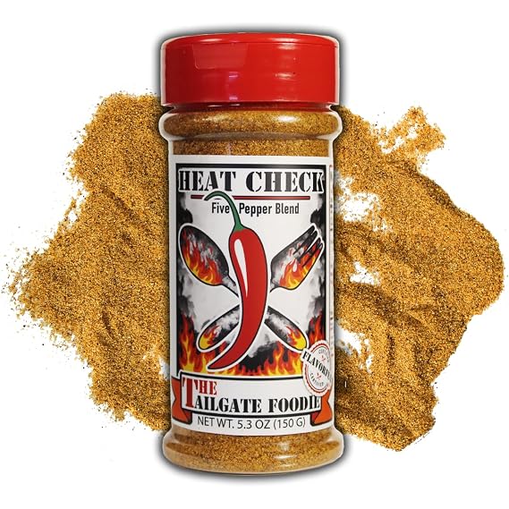 The Tailgate Foodie Heat Check Five Pepper Blend, Spicy Seasoning - Hot Sauce Style Blend for Chicken, Wings, and All-Purpose in a Shaker Bottle - Made in the USA - 5.3 oz (150 g)
