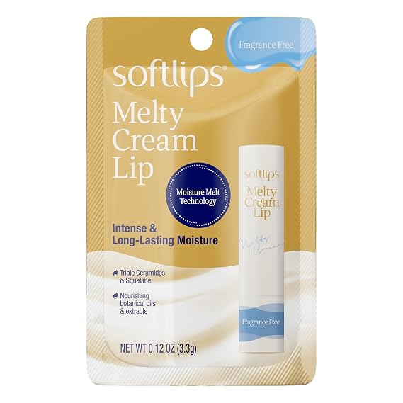 Softlips Melty Cream Hydrating Lip Balm, Fragrance Free, Long-Lasting Moisturizing Care for Everyone with Dry, Chapped Lips, Smooth Non-Sticky Finish, 0.12 oz