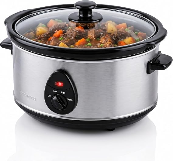 OVENTE Electric Slow Cooker with 3 Cooking Settings, Non-Stick and Dishwasher Safe Stoneware, Stainless Steel Body, Glass Lid, 3.7 Qt Oval Pot for Entrees, Soups, Sauces, Stews & Dips, Silver SLO35ABR