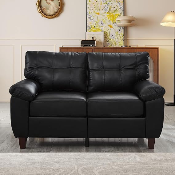 59-inch Loveseat Sofa with Storage, Mid-Century Vintage Retro Faux Leather PU Upholstery Tufted Cloud Comfy Deep Seat Sofa Couch for Living Room Office Apartment, Black