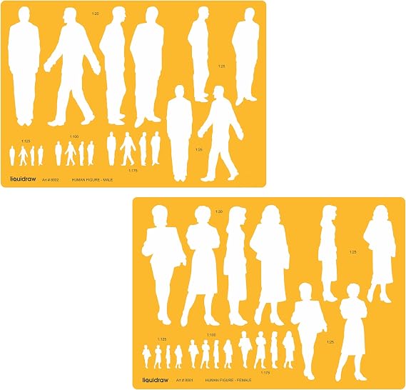 Liquidraw Human Figure Drawing Template Stencil - Set of 2 | 8.07" x 5.71" | Male & Female Figures Model for Fashion Designing & Art | 20 Figures per Stencil | Scales 1:20, 1:25, 1:75, 1:100, 1:125