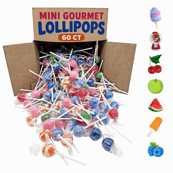 Mini Gourmet-Style Lollipops 60 Count Bulk Mix Cotton Candy, Orange Creamsicle, Blue Raspberry & More Individually Wrapped Hard Candy Pops, Perfect Stocking Stuffer