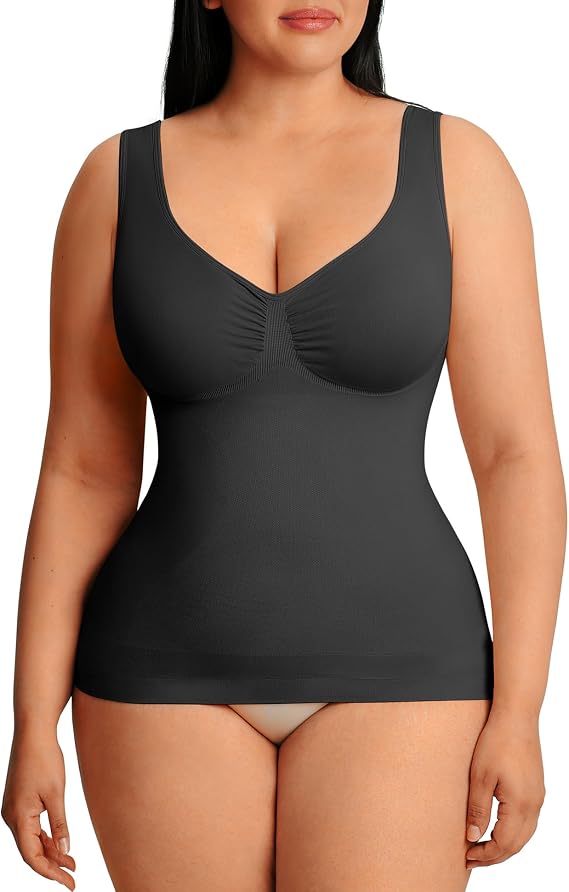 FeelinGirl Shapewear Tummy Control Tank Top V Neck Camisole for Women | Soft Comfy Fabric, Supportive Shaping Fit, Non Roll Waist, Zero Bust Compression, All Day Wear, Date, Office, Postpartum