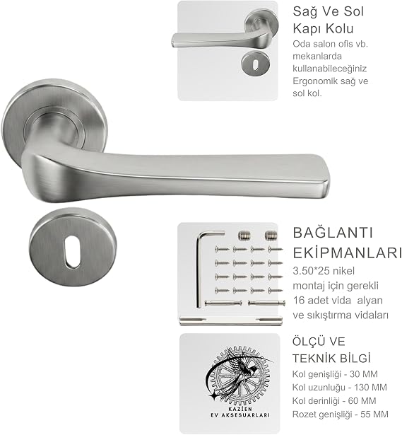 KAZİEN Paslanmaz Çelik 6063L Kalite Saten Yüzey Yuvarlak Rozetli Quantis Kapı Kolu Ve Tüm Bağlantı Ekipmanı Dahildir.