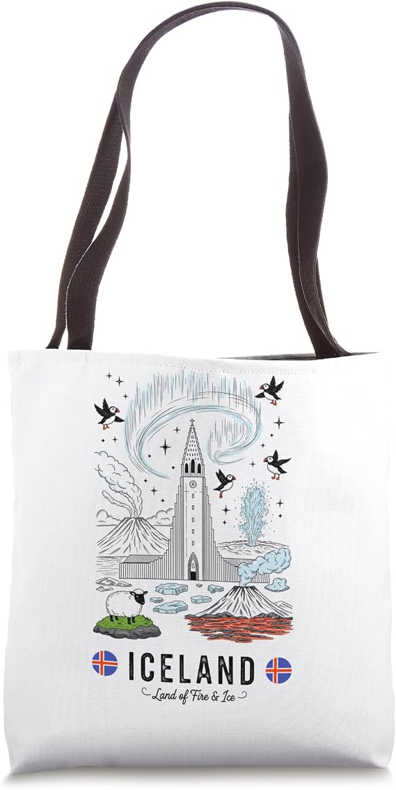 Iceland Nature Wonders Aurora Volcano Puffins Souvenir Tote Bag