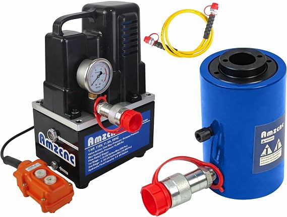 AMZCNC 30T Hydraulic Cylinder Jack Hollow Single Acting 4"(100mm) Stroke and 10000 Psi Electric Hydraulic Pump