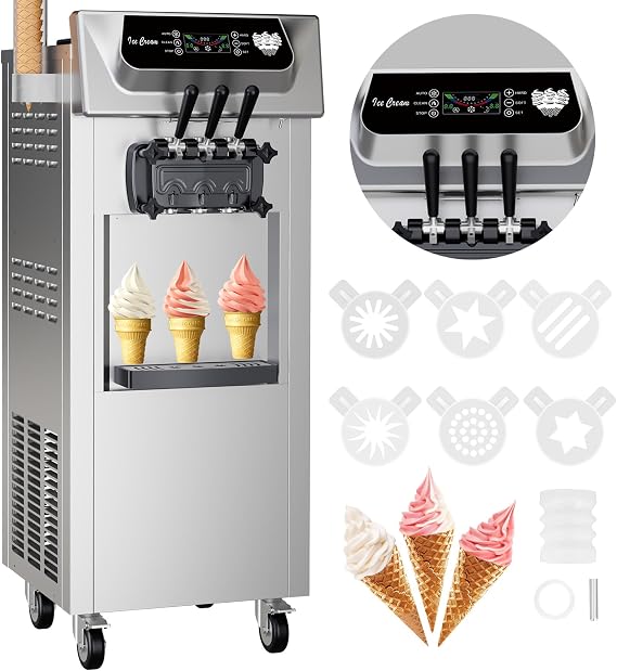 GarveeTech GareeTech Commercial Ice Cream Maker for Home Snack Bar, 5.3 to 7.4 Gal/H Soft Serve Ice Cream Machine with Smart Control Panel, Automatic Cleaning, 2+1 Flavor 2200W
