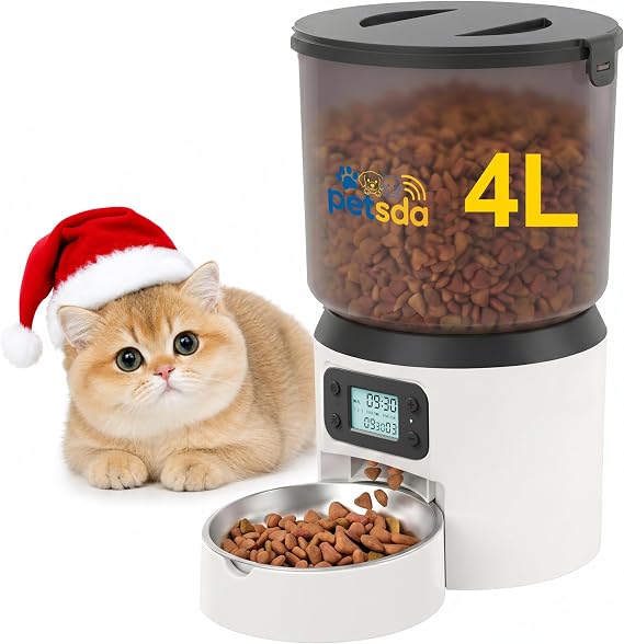 Automatic Cat Feeders, 4L Timed Cat Dry Food Dispenser Auto Pet Feeder Portion Control up to 9 Meals/Day for Cats and Small Dogs Dual Power Supply,
