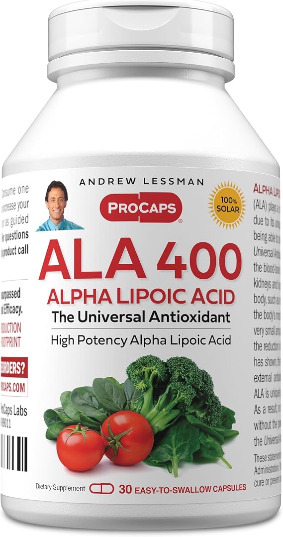Andrew Lessman ProCaps Alpha Lipoic Acid (ALA) 400mg 30 Capsules | Universal antioxidant with Vitamin C. Supports brain, heart and cellular health. Crosses the blood-brain barrier.